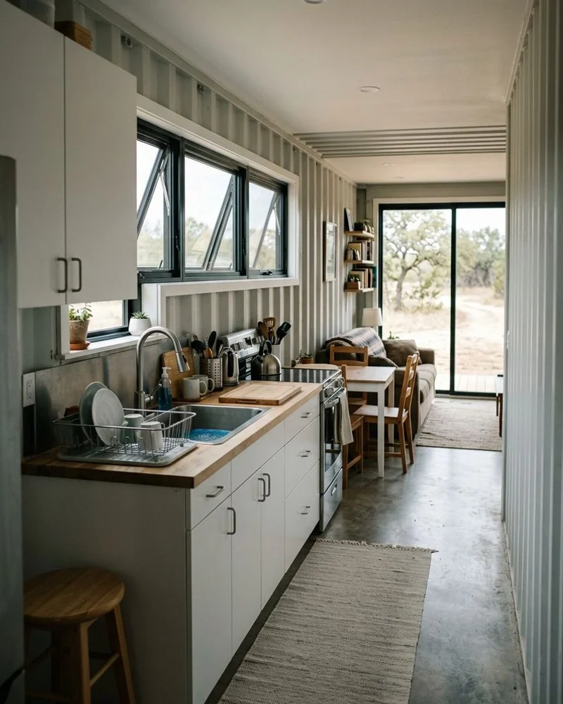 40ft 1BR container home interior with galley kitchen