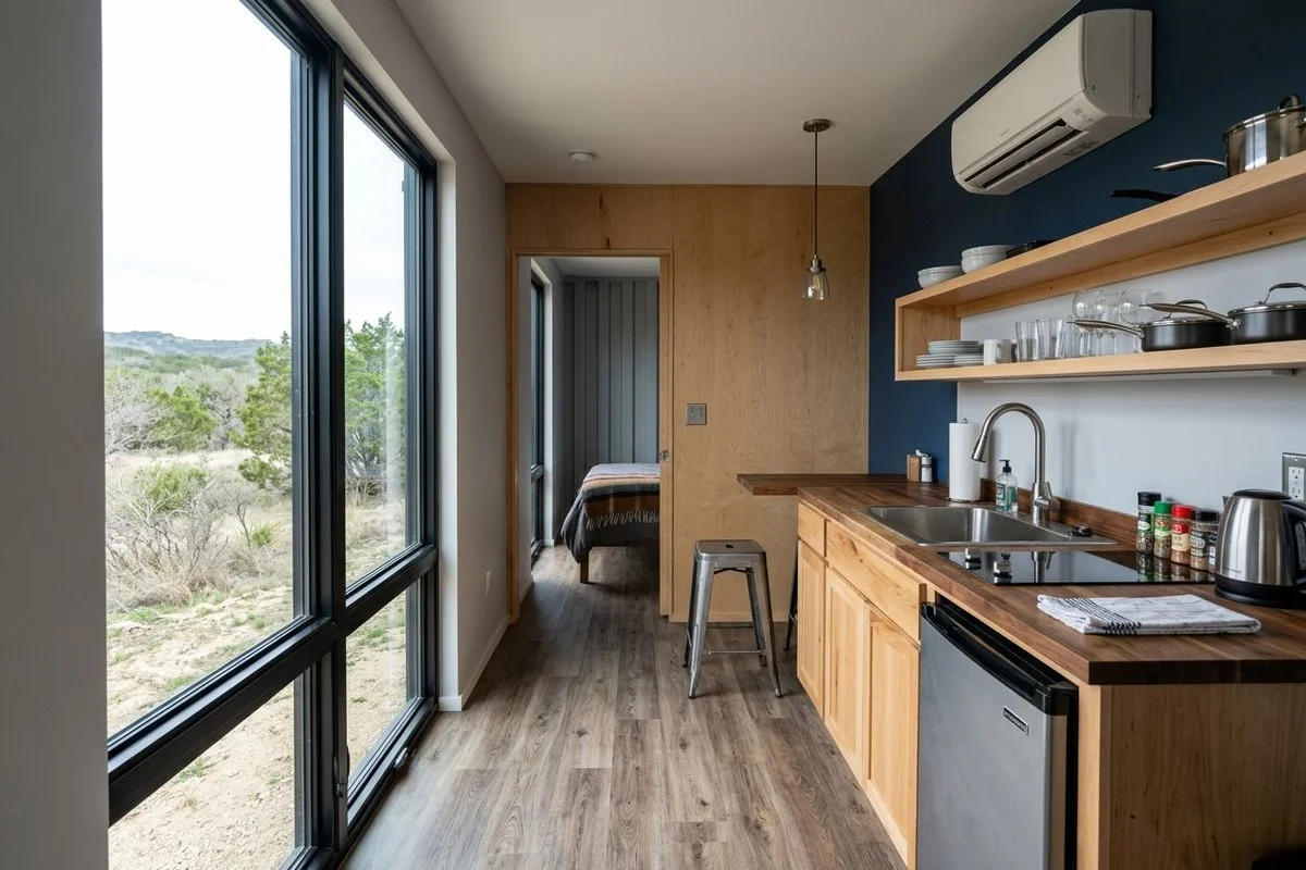 40ft 1BR/1BA container home interior with full kitchen