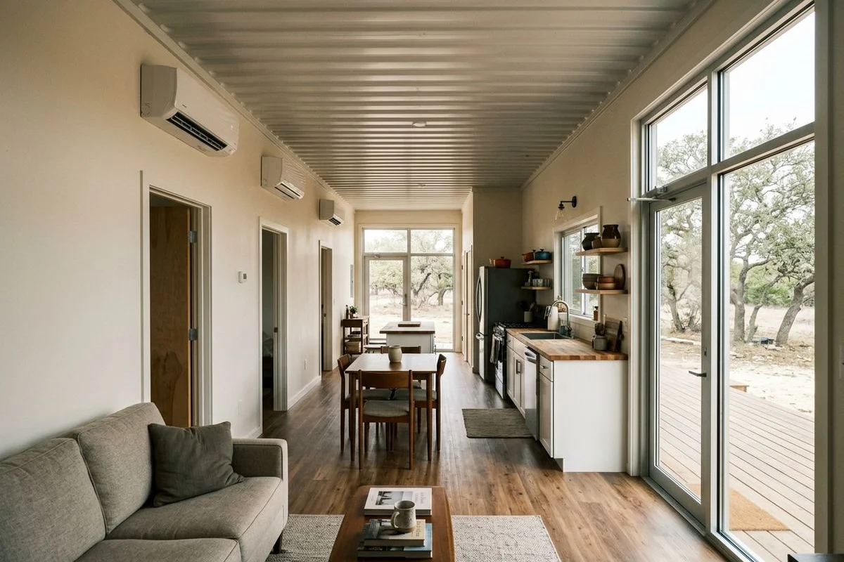 53ft flagship 2BR container home interior with galley kitchen