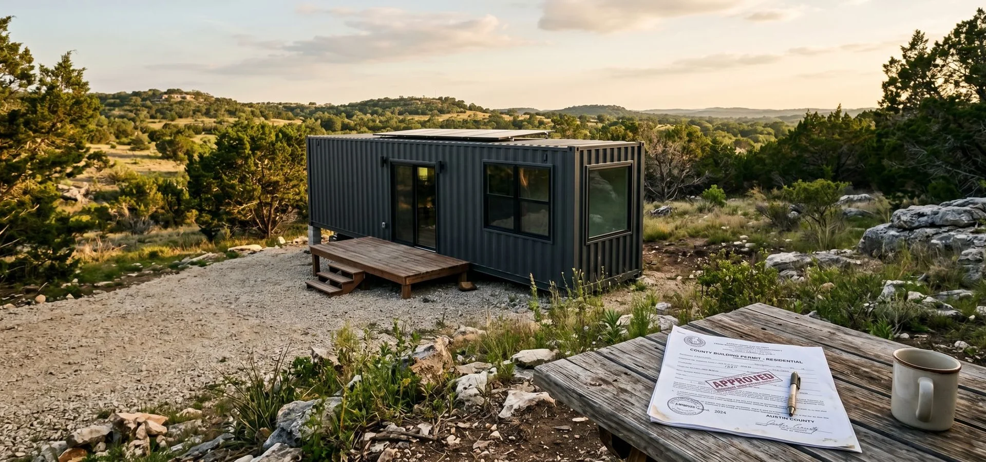 Container home on rural Texas Hill Country land with building permit visible