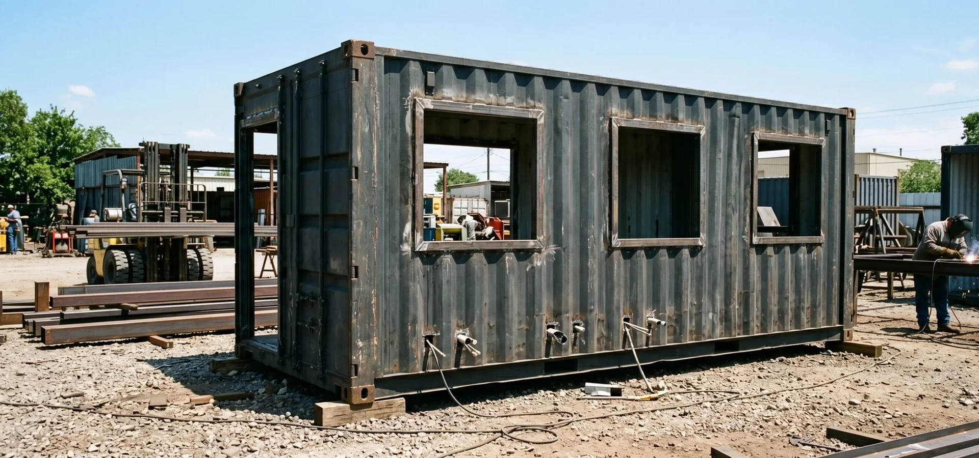 DIY container home shell kit with factory window cutouts at San Antonio facility