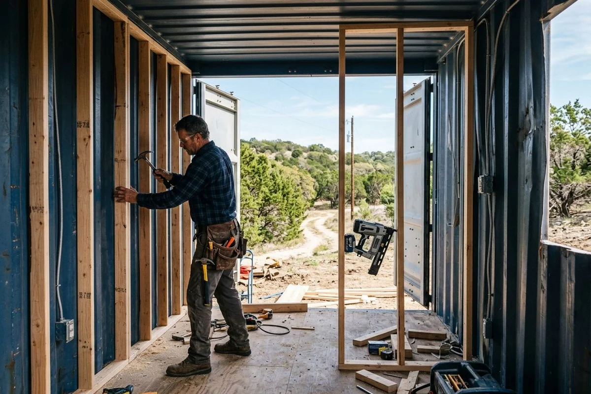 DIY customer framing interior walls of completed shell