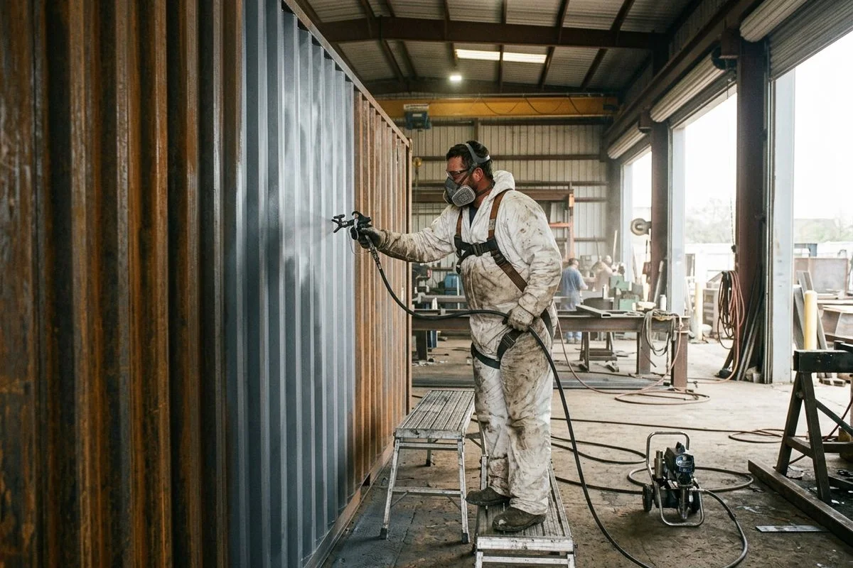 Industrial primer being applied to container shell exterior