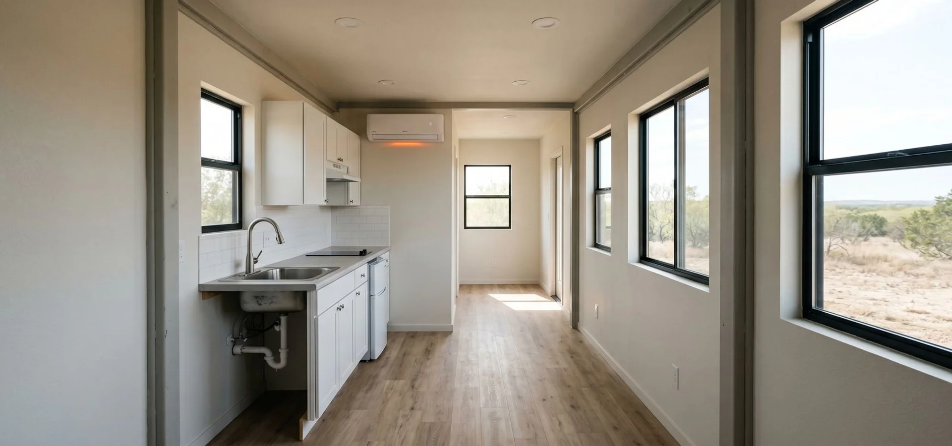 Interior of a finished 40ft container home with kitchen and mini-split