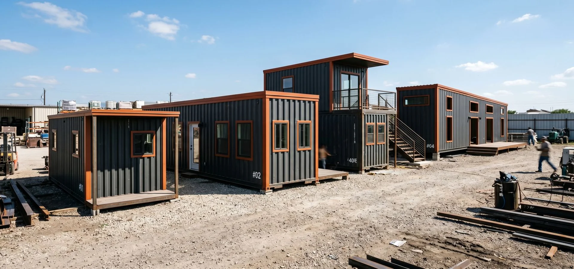 Multiple container homes of different sizes at San Antonio fabrication facility
