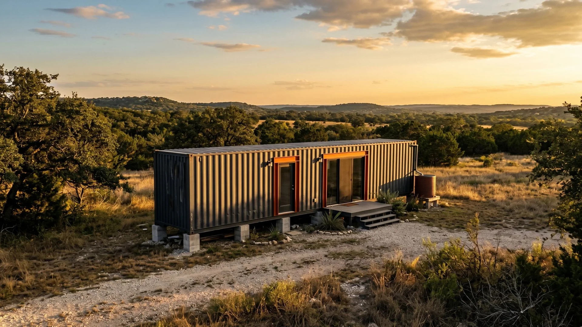 Premium container home on Texas Hill Country ranch land at sunset