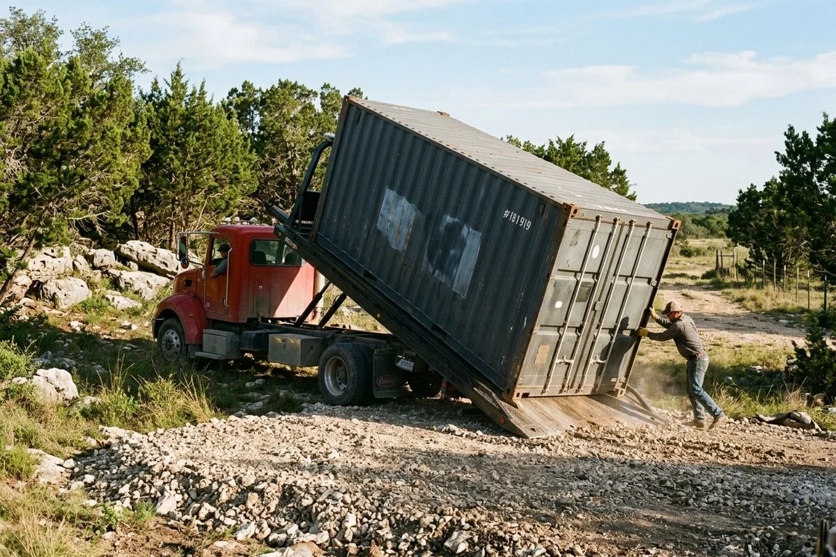 Tilt-bed delivery of a 40ft container to a ranch site