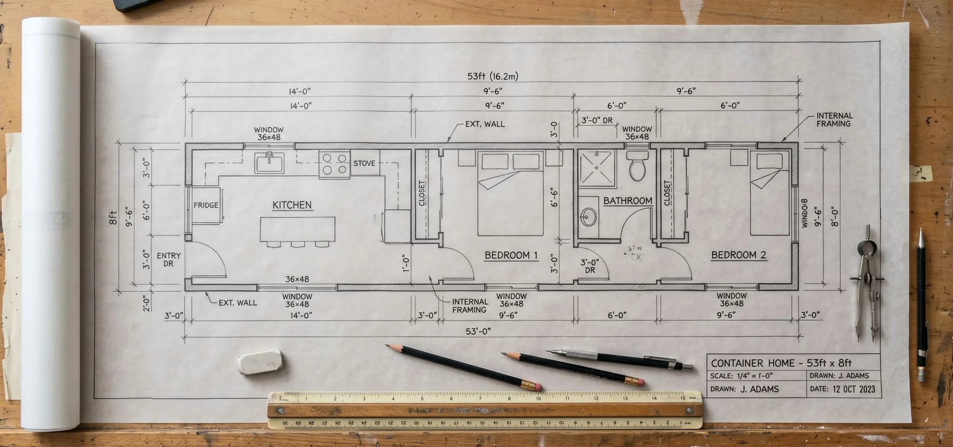 Top-down architectural floor plan of 53ft 2BR/1BA container home