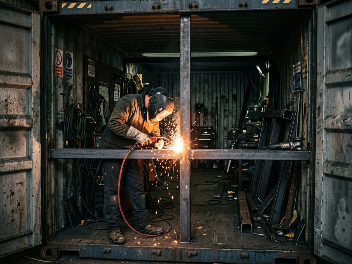 Welder reinforcing steel frame inside a container home